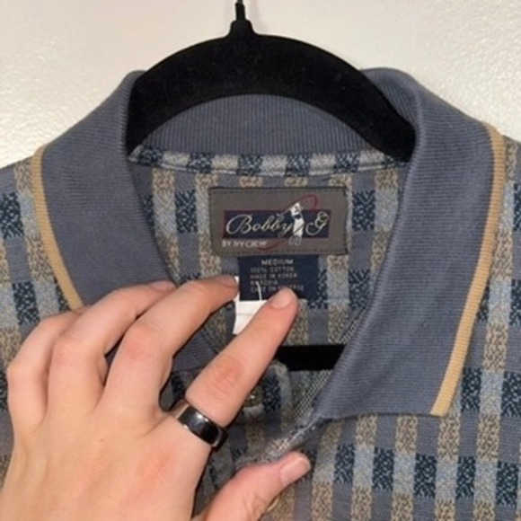 Vtg Bobby G Polo Shirt Mens Sz M Blue Geometric Pattern Short Sleeve Golf Cotton - Picture 3 of 6